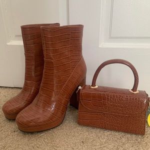 Faux Alligator Skin Brown Ankle Boots (with free matching purse!)